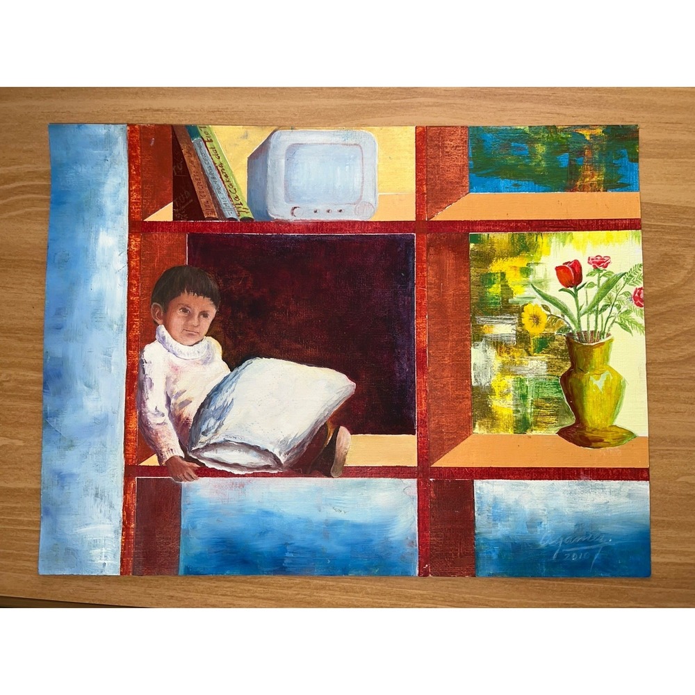 Oil painting original On Paper Refugio‎ II Boy With Pillow Still Life 9"x12"
